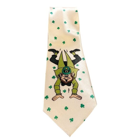 Happy Leprechaun Mens Necktie St Patricks Day Irish Shamrock White Green Tie - Picture 1 of 4